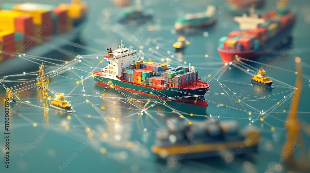 Poster a busy port scene with cargo ships and boats navigating through containers.