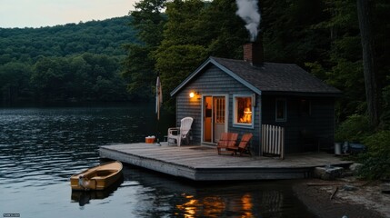 Obraz premium A cozy lakeside cabin glows warmly at twilight, with soft light spilling from its windows, offering a peaceful retreat by the serene waters.