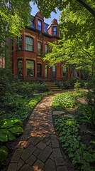 Obraz premium Brick house garden path sunlight summer; landscaping design.