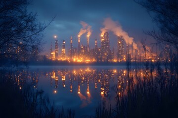 Night view of illuminated industrial complex reflected in calm water.
