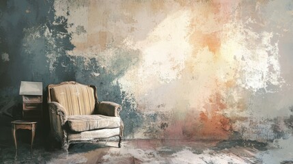 In an abandoned room with a grunge wall, vintage furniture sits alongside an empty frame.