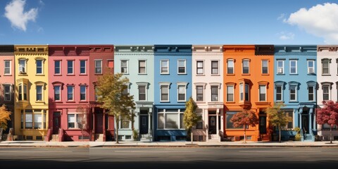 Colorful row houses, autumn trees, sunny day, city street. Real estate brochure.