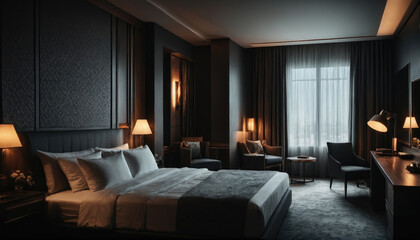 Obraz premium Cozy and elegant bedroom with soft lighting, located in modern hotel suite during evening hours