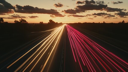 Fototapeta premium Cargo Route Concept. Streaks of light on a highway during a vibrant sunset with scattered clouds.