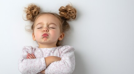 A toddler pouts with folded arms, her expression full of adorable defiance and stubborn charm against a simple backdrop.