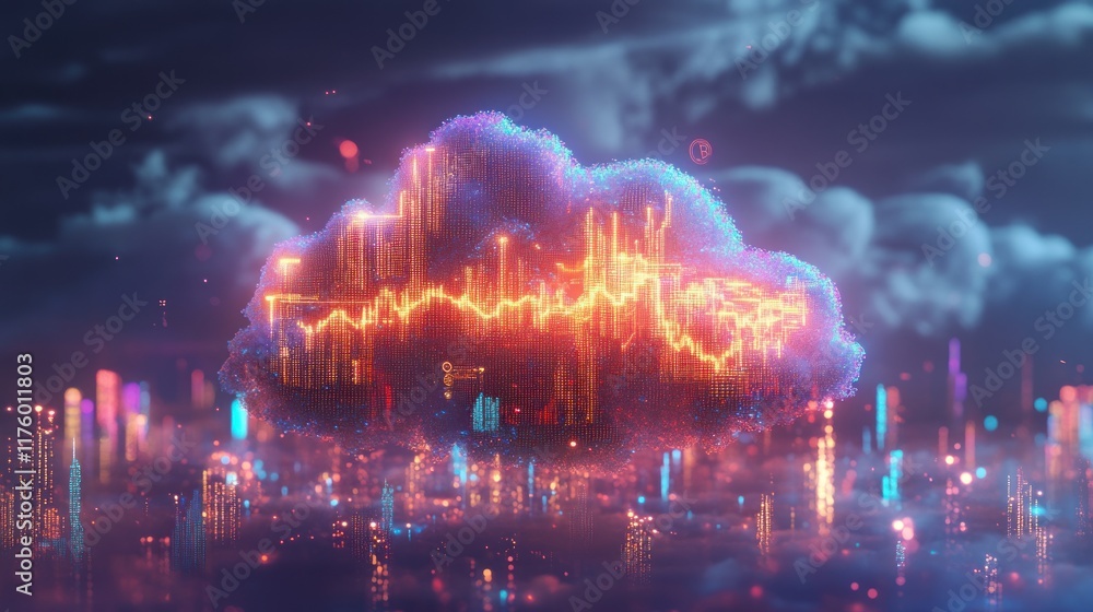 Poster futuristic cloud computing concept with digital data visualization and vibrant cityscape background,