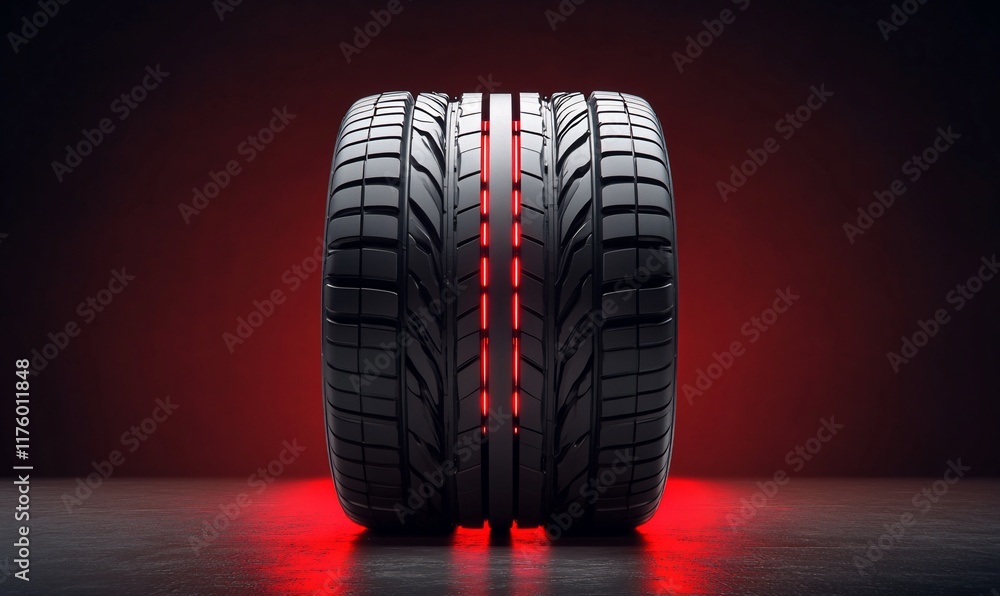Poster a close-up of a performance tire illuminated with red lighting.