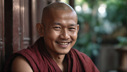 Obraz premium Monk smiling peacefully in a serene temple setting surrounded by vibrant greenery