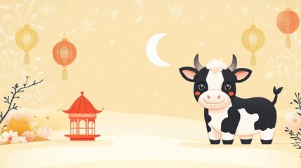 Naklejka premium Cute cartoon ox in snowy Chinese New Year landscape with lanterns and pagoda.