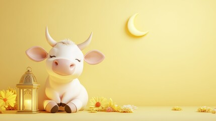 Naklejka premium Cute cartoon cow with lantern and flowers on yellow background.