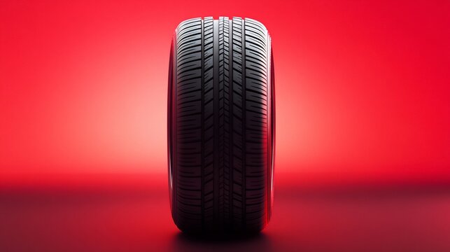 A close-up of a tire against a red background, showcasing its tread design.