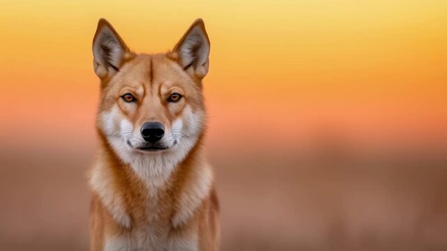Portrait of a dingo standing confidently with its piercing gaze, set against a warm, glowing orange sunset background