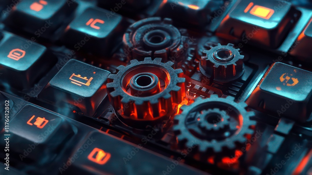 Poster close-up of mechanical gears on a keyboard, symbolizing technology and innovation. elements showcasi