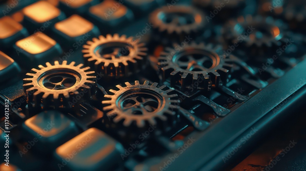 Poster close-up of mechanical gears on a keyboard, symbolizing technology and innovation. elements showcasi
