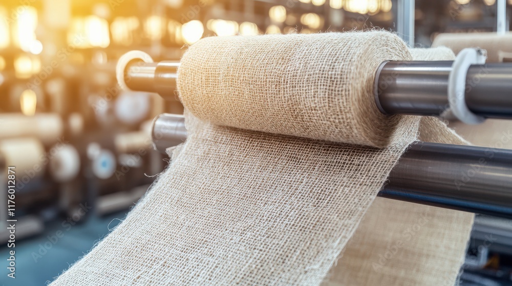 Poster close-up view of jute fabric being processed in textile factory with roll and soft natural light enh