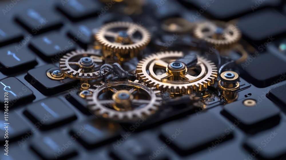 Poster close-up of mechanical gears on a keyboard, symbolizing technology and innovation. elements showcasi