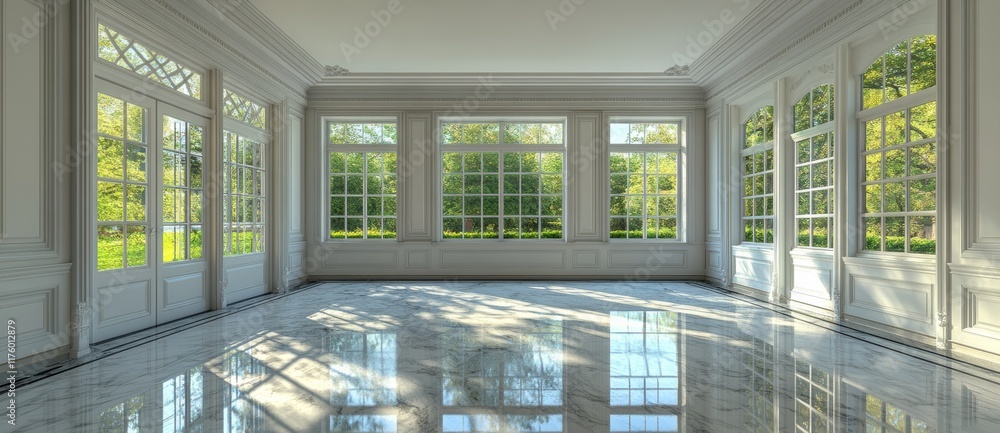 Poster an empty room filled with the soft glow of sunlight streaming through large windows