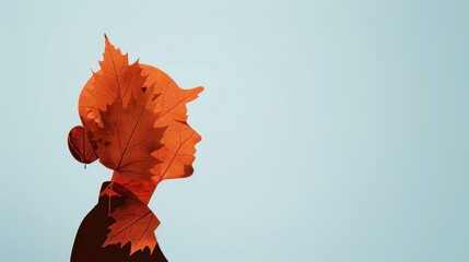 An artistic blend of a womans portrait and vibrant leaves in a stunning double exposure that celebrates natures beauty.