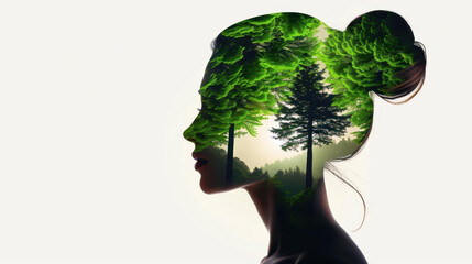 A stunning portrait of a woman with radiant skin, seamlessly blending her beauty with nature through double exposure.