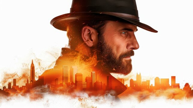 A striking portrait of a male detective in a hat, enhanced with double exposure for a thrilling movie or novel.