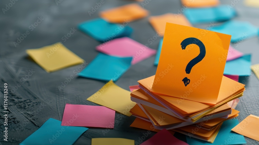 Poster a vibrant stack of orange sticky notes with a question mark symbolizes confusion amidst a backdrop o