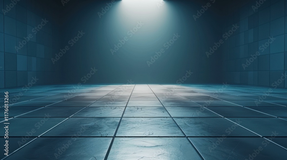 Poster a sleek modern space with a tiled floor set against a dark gradient background, showcasing minimalis