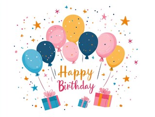 Colorful balloons, gifts & confetti celebrating a happy birthday.