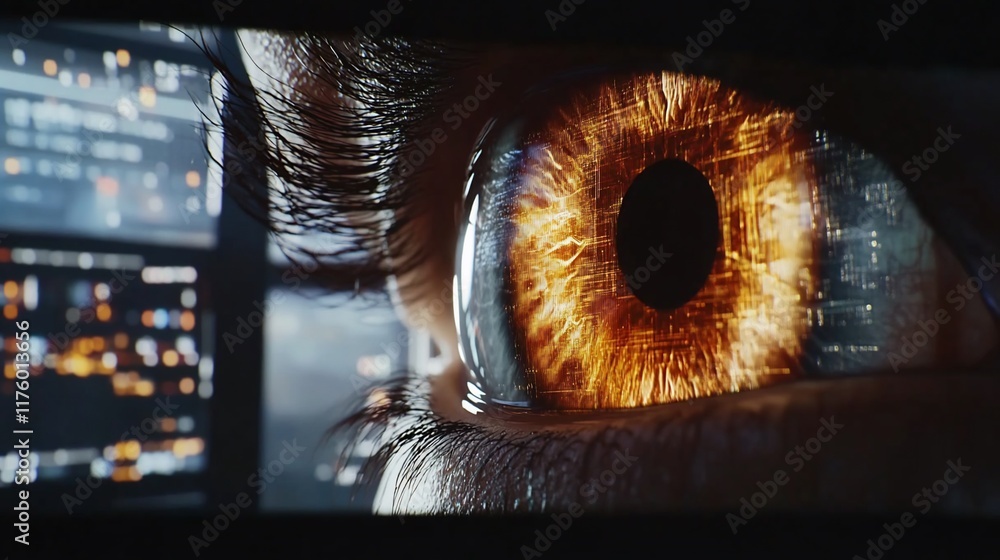 Poster a close-up of an eye with digital elements reflecting in the iris.