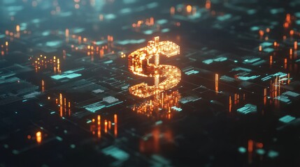 Modern Digital Financial Concept Featuring Glowing Dollar Sign in a Technological Background Representing E-commerce, Virtual Currency, and Investment Opportunities
