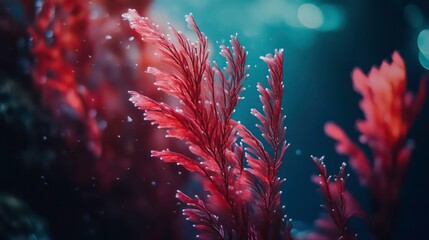 Close-up of vibrant red algae with delicate fronds swaying gently in the underwater current, showcasing the beauty and fragility of marine life.
