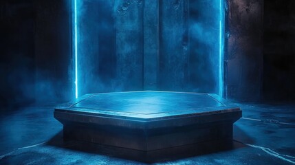 Hexagonal platform with blue neon lighting and smoke in a dark, industrial setting.