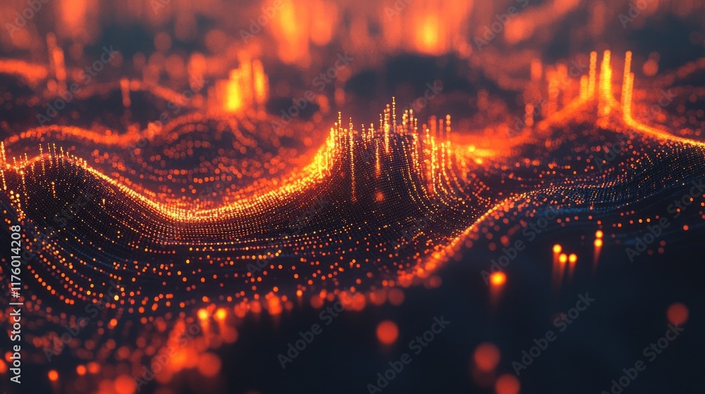 Poster abstract visualization of wave patterns with glowing points, representing data flow and energy, perf