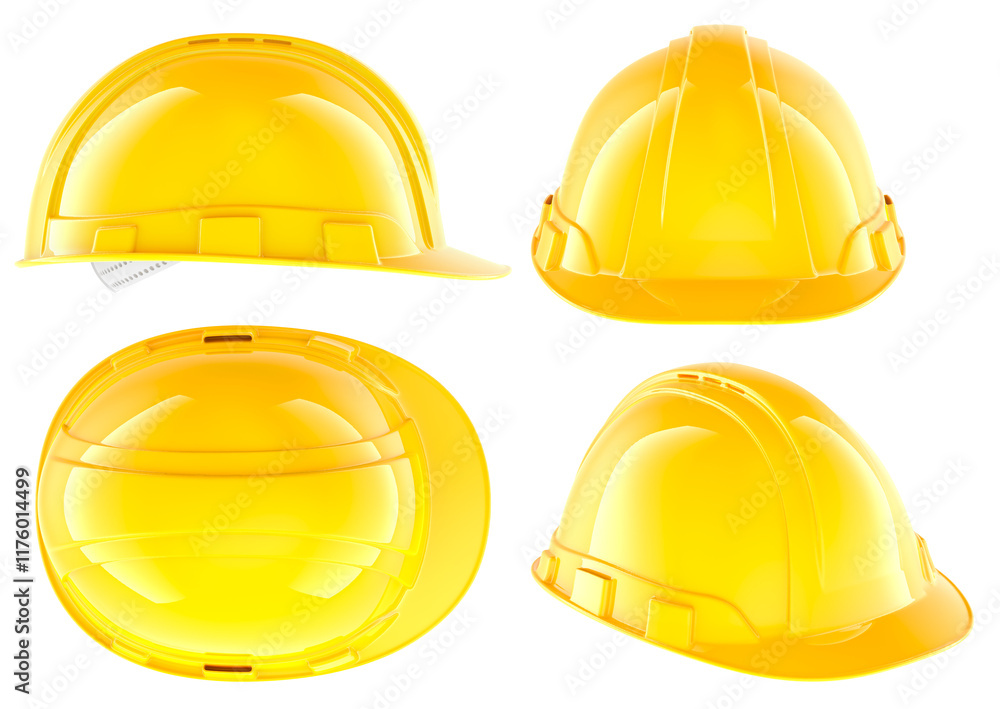 Poster construction orange hard hats. different views and angles, 3d rendering isolated on transparent back