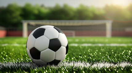 Soccer Ball on Lush Green Field in Front of Goalpost; Sports Landscape Photograph Ideal for Athletic Promotions and Game Day Highlights