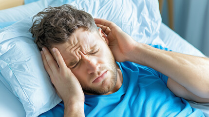 Man experiencing severe headache while resting in bed