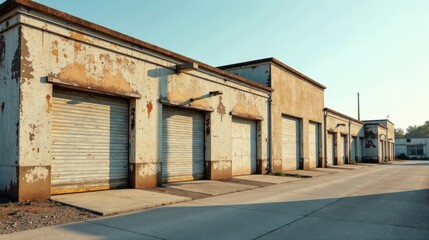 Fototapeta premium Rustic Industrial Building with Weathered Walls and Roll-Up Doors at Sunset