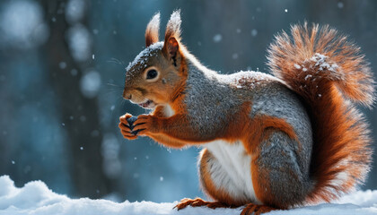 Obraz premium Squirrel foraging for food in a snowy forest during winter season