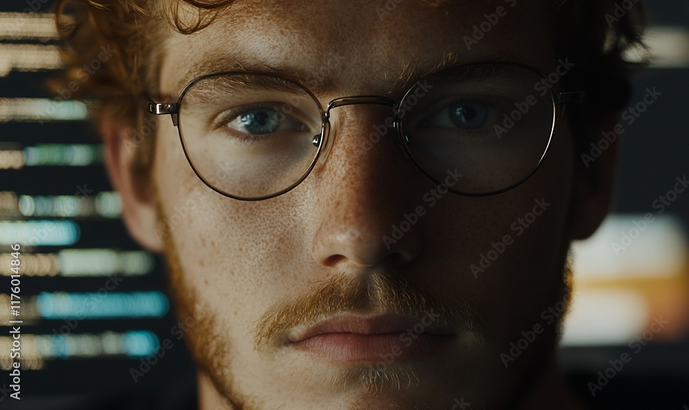 Poster a close-up portrait of a young man with glasses, focused on coding in the background.