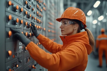 A professional female technician wearing safety gear, including an orange hard hat and protective goggles, works on a control panel in an industrial facility. 