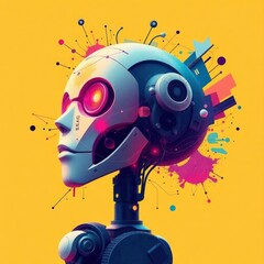 Fototapeta premium Futuristic humanoid robot with a sleek, stylized design. Its head is rounded and smooth, featuring large, expressive eyes that glow a vibrant red, giving it a friendly yet slightly mysterious .