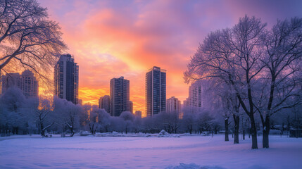 Fototapeta premium Picturesque Winter City Park with Snow, Frosted Trees, Vibrant Sunset Sky, Framed by Sleek Urban Architecture