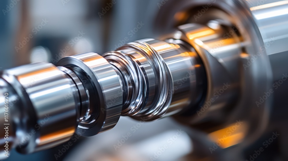 Poster close-up view of precision machined metal shaft component in industrial setting with shiny metallic 