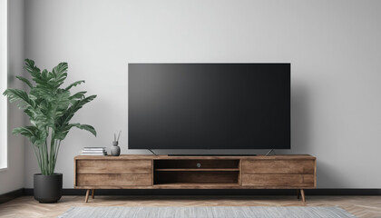 Modern living room setup featuring a large TV and decorative plant in a stylish and minimalistic interior space
