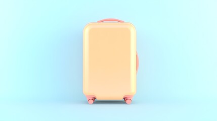 A pastel yellow suitcase with coral accents and wheels against a light blue background, ideal for travel and adventure.