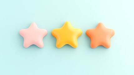 Obraz premium Three colorful star-shaped candies on a soft blue background, creating a playful and cheerful aesthetic.