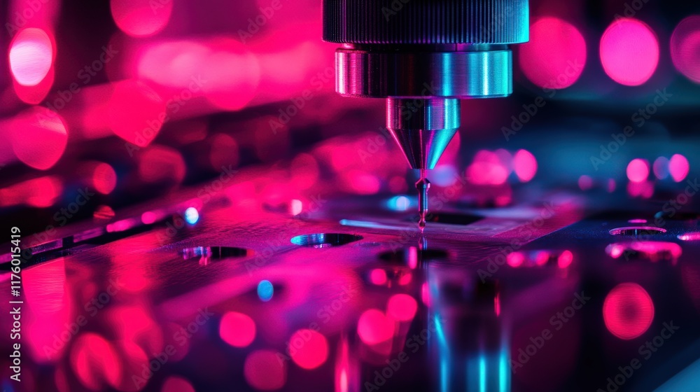 Poster close-up of a precision laser cutting process on a circuit board with vibrant neon lights and reflec