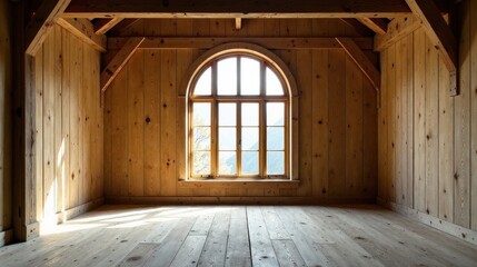 Sunlit Room with Arched Window and Wooden Walls