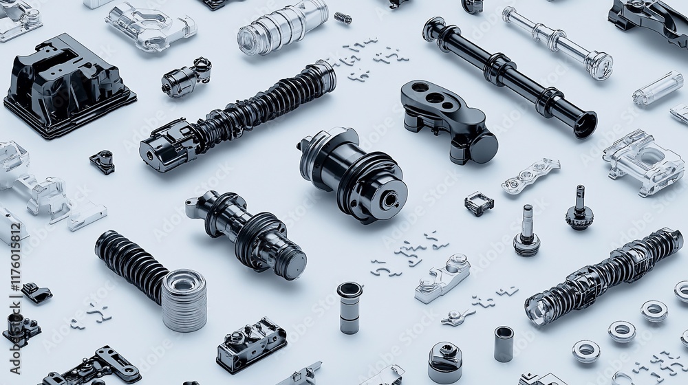 Poster a collection of automotive engine parts arranged for display or analysis.
