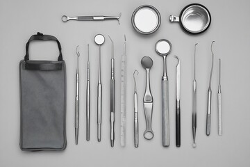 A collection of dental instruments arranged neatly on a gray surface.