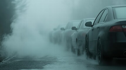 Foggy Road with Cars in Misty Environment on a Rainy Day